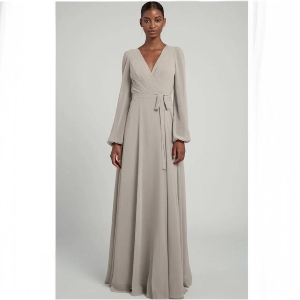 BHLDN Jenny Yoo Idris Chiffon Long Sleeve Wrap Dress (10) in Earl Grey